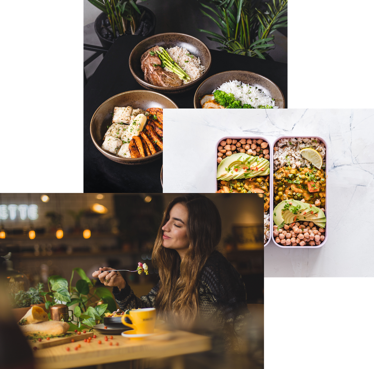 Woman enjoying food, meals in storage container and food bowl on a table